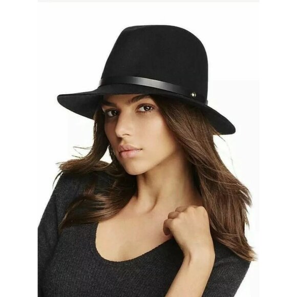 Rag & Bone Women's Leather Trim Felted Wool Fedora Hat in Black - Sz L